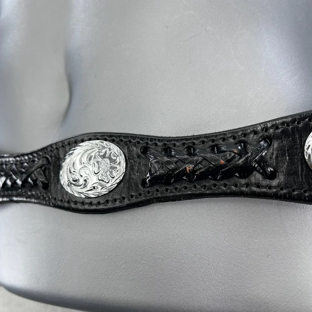 VTG Black Basketweave Leather Western Cowboy Belt Silver Conchos Men's 36